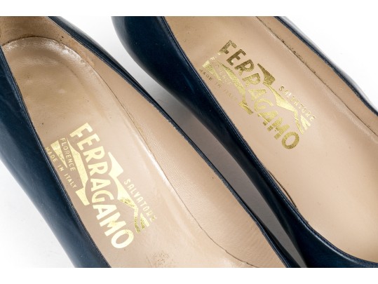 Salvatore Ferragamo Classic Navy Blue Leather Pumps, Size 10B