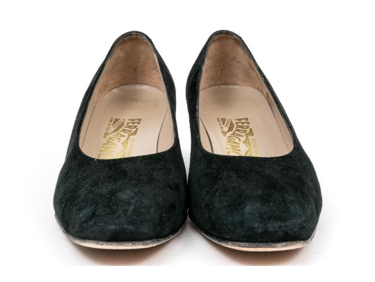Salvatore Ferragamo Classic Black Suede Pumps, Size 10B