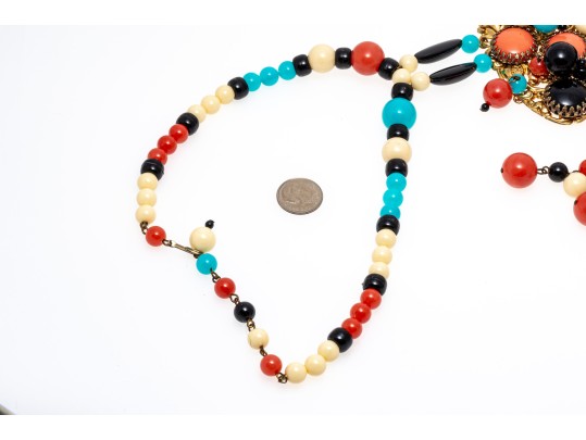 Magnificent Vintage 1970's Acrylic Bib Choker Neck Piece, Black, Coral, Ivory And Turquoise
