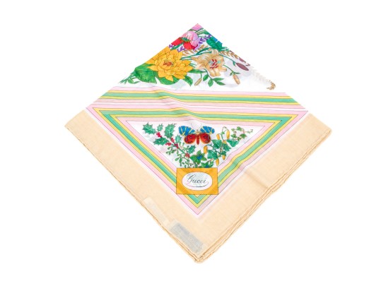 Gucci Vintage New Old Stock Floral Butterfly Cotton Neck Scarf, Ivory, With Packaging