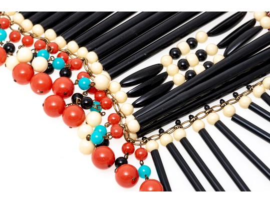 Magnificent Vintage 1970's Acrylic Bib Choker Neck Piece, Black, Coral, Ivory And Turquoise