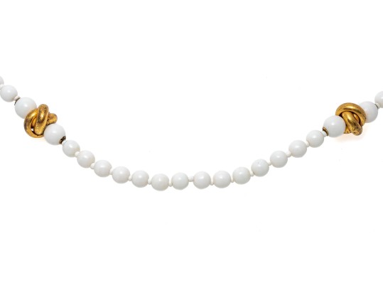 Miriam Haskell Fabulous Vintage Gold Tone Love Knot And White Glass Bead Opera Length Necklace