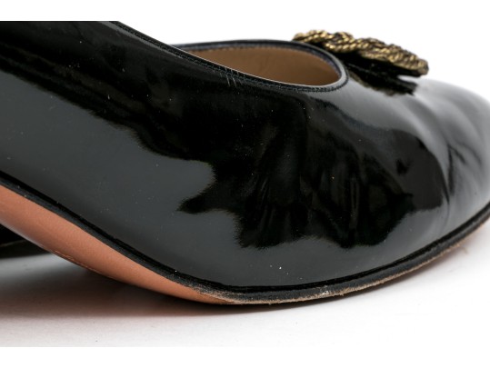 Salvatore Ferragamo Decorative Black Patent Leather Pump With Decorative Top, Size 40B