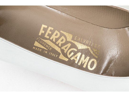 Salvatore Ferragamo Striking White Leather Embellished Pumps, Size 10B
