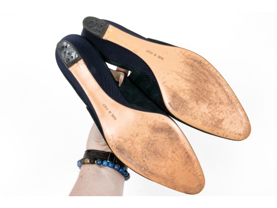Salvatore Ferragamo Fun Blue Suede And Grosgain Slingback Wedges, Size 10B