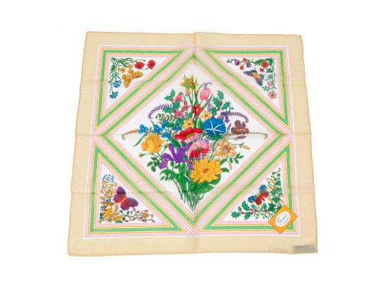 Gucci Vintage New Old Stock Floral Butterfly Cotton Neck Scarf, Ivory, With Packaging