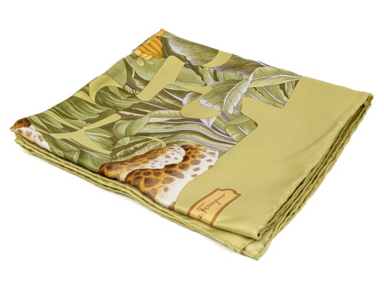 Salvatore Ferragamo Beautiful Green Toned Leopard Motif Silk Scarf