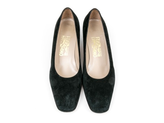 Salvatore Ferragamo Classic Black Suede Pumps, Size 10B