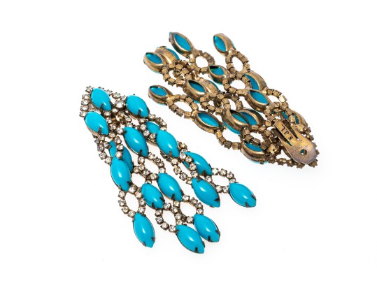 Kenneth Jay Lane Amazing Faux Turquoise And Rhinestone Vintage Waterfall Earrings