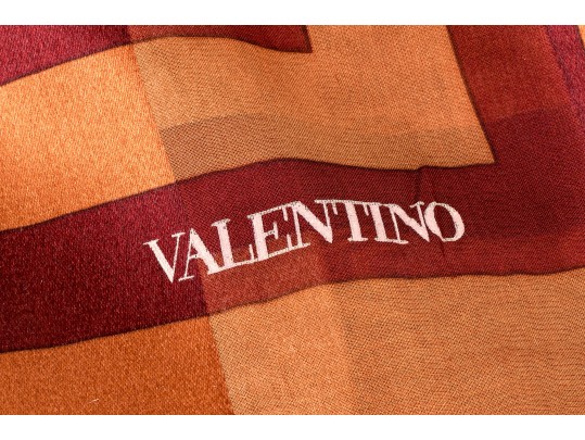 Valentino Lovely Burgundy And Coppper Floral Motif Silk Scarf