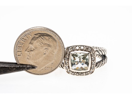 David Yurman Pretty Split Twisted Shank, Aquamarine And Diamond Ring, Size 4.75