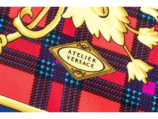 Atelier Versace Classic Blue Red And Gold Toned Vintage Silk Scarf