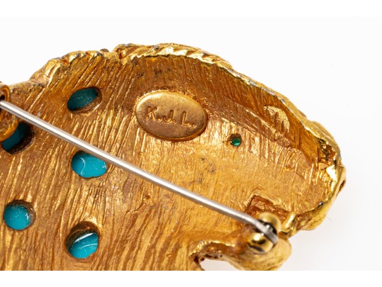 Kenneth Jay Lane Majestic Gold Tone Faux Turquoise And Rhinestone Vintage Lion Brooch