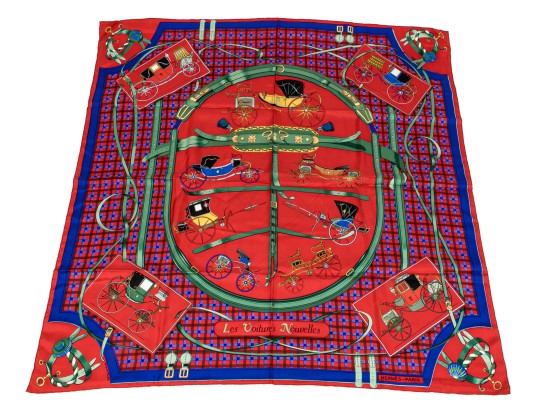 Hermès Paris Striking Vintage Les Voiturs Nouvelles Silk Scarf, By Jacques Eudel