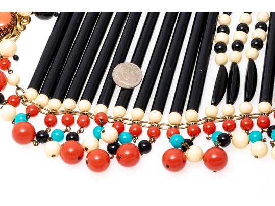 Magnificent Vintage 1970's Acrylic Bib Choker Neck Piece, Black, Coral, Ivory And Turquoise