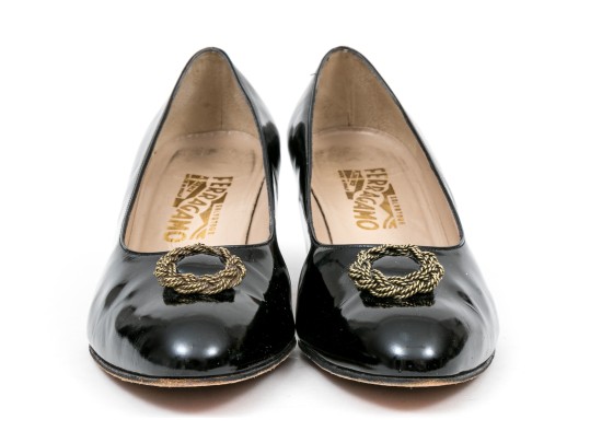 Salvatore Ferragamo Decorative Black Patent Leather Pump With Decorative Top, Size 40B