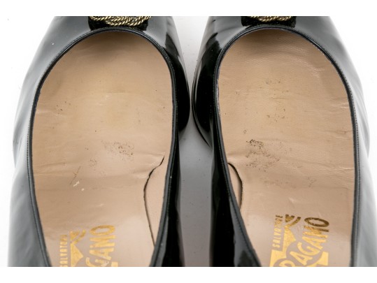 Salvatore Ferragamo Decorative Black Patent Leather Pump With Decorative Top, Size 40B
