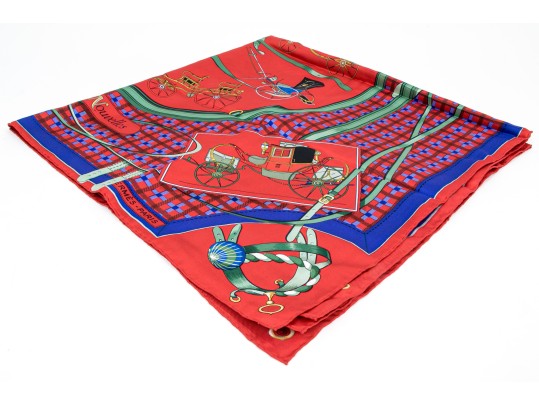 Hermès Paris Striking Vintage Les Voiturs Nouvelles Silk Scarf, By Jacques Eudel
