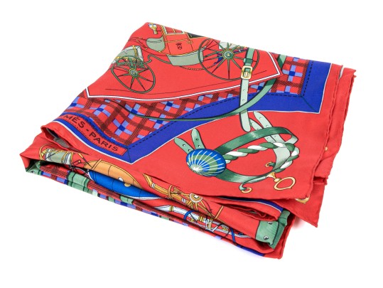 Hermès Paris Striking Vintage Les Voiturs Nouvelles Silk Scarf, By Jacques Eudel