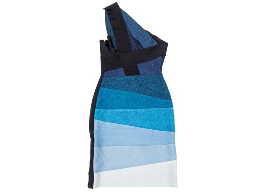 Hervé Léger Stunning Blue And Black One Shoulder Sheath Dress, Size XS