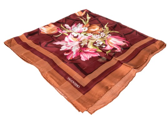 Valentino Lovely Burgundy And Coppper Floral Motif Silk Scarf
