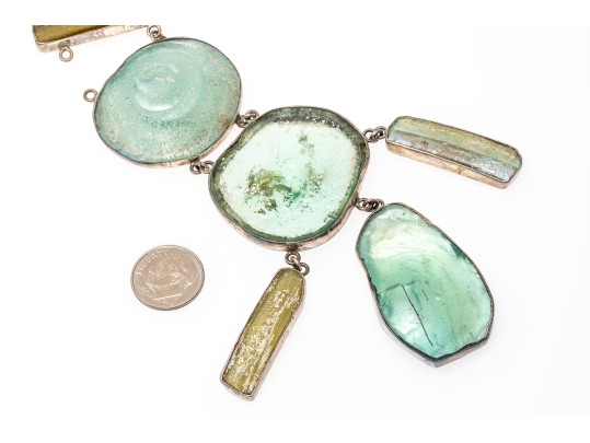 Sterling Silver Magnificent Green Sea Glass Bib Necklace, With Handwrought Chain