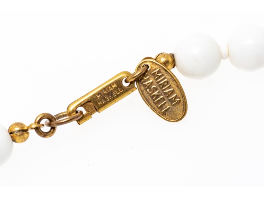 Miriam Haskell Fabulous Vintage Gold Tone Love Knot And White Glass Bead Opera Length Necklace
