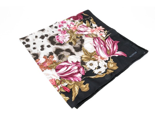 Valentino Vintage Silk Scarf, Black, Pink And Green Tones, Leopard Print And Floral Motifs
