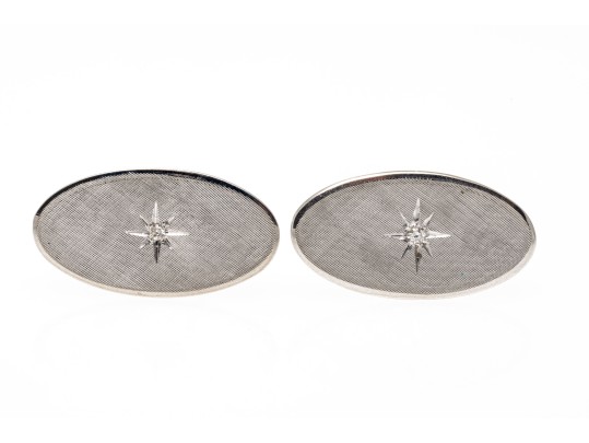 14k White Gold Oval Florentined Diamond Center Cufflinks, App. 0.04 TCW