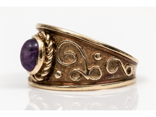 Broad 10K Scrollwork Amethyst Ring, Size 7.75+