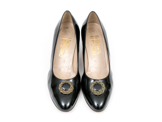 Salvatore Ferragamo Decorative Black Patent Leather Pump With Decorative Top, Size 40B