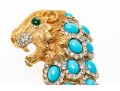 Kenneth Jay Lane Majestic Gold Tone Faux Turquoise And Rhinestone Vintage Lion Brooch