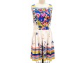 Valentino Red Bright Multi Color Sleeveless Cotton Dress, Gathered Skirt, Size 48