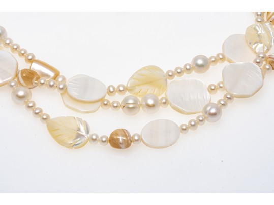 Pretty Triple Strand Mother-of-pearl And Cultured Freshwater Pearl Strand