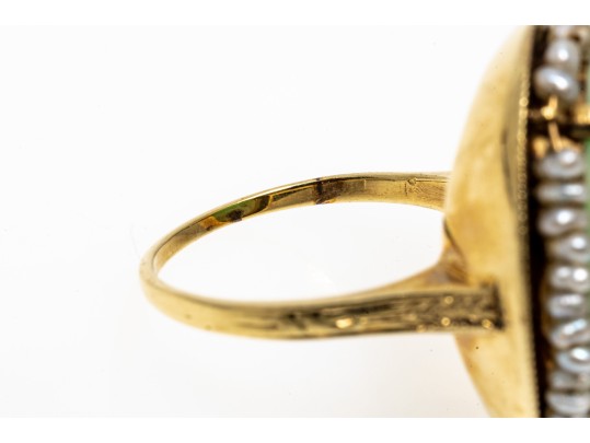 14k Gold Beautiful Vintage Pierced Green Jadeite Jade And Seed Pearl Ring, Size 6