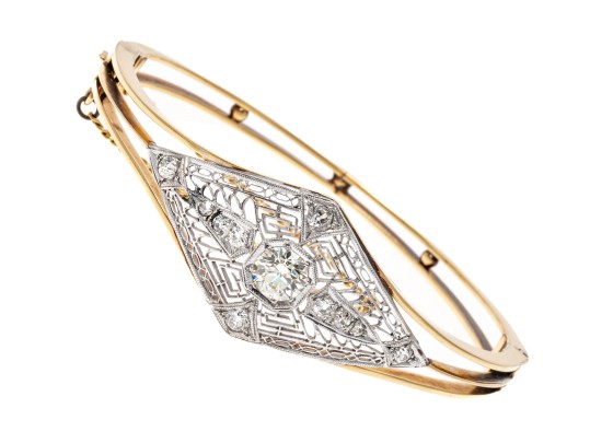 14k Gold Beautiful Diamond Filigree Hinged Bangle Bracelet, App. 1.35 TCW