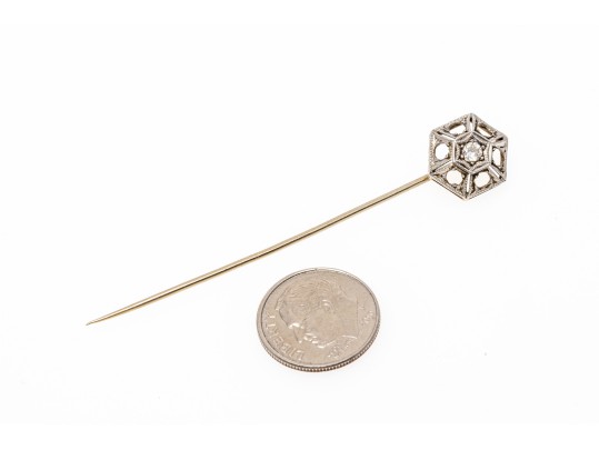 14k White Gold Vintage Filigree Top Stick Pin, Diamond Set, Approximately 0.10 CTS