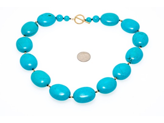 14k Yellow Gold Toggle Clasped Chunky Dyed Blue Howlite Necklace