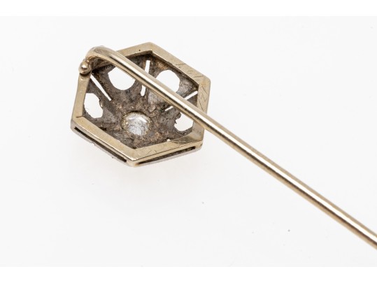 14k White Gold Vintage Filigree Top Stick Pin, Diamond Set, Approximately 0.10 CTS