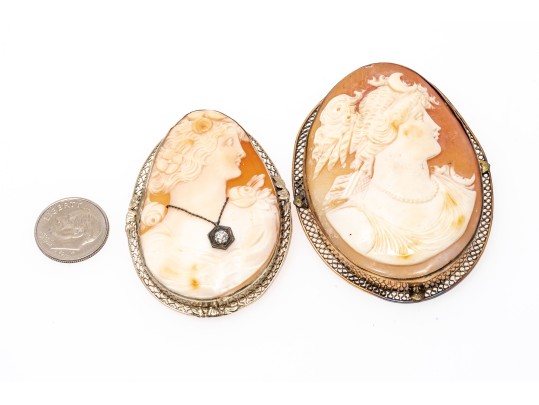 14k White And Yellow Gold Lot Of Two Large Vintage Cameo Brooches, One Diamond Set