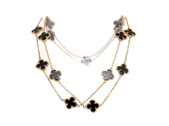 Sterling Silver Vermeil And Black Onyx Quadrefoil Form Opera Length Station Necklace