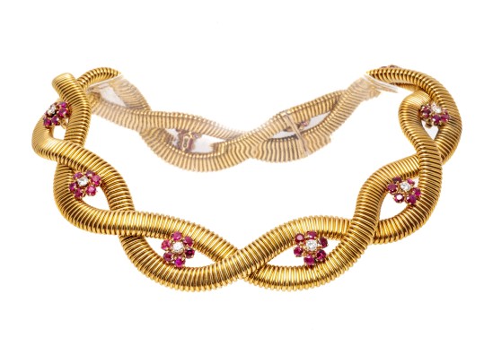 14k Magnificent Wide Heavy Vintage Snake Chain, Ruby And Diamond Cluster Choker