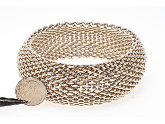 Tiffany & Co. Sterling Silver Striking Wide Bombe Mesh Slip On Bangle Bracelet, With Felt