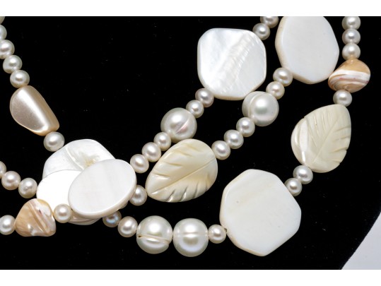 Pretty Triple Strand Mother-of-pearl And Cultured Freshwater Pearl Strand