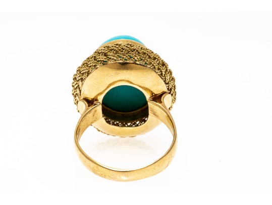 18k Yellow Gold Beautiful Vintage Oval Cabachon Turquoise Ring, Braided Edge, Size 6