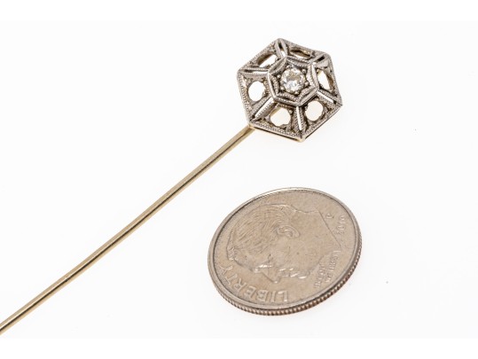 14k White Gold Vintage Filigree Top Stick Pin, Diamond Set, Approximately 0.10 CTS