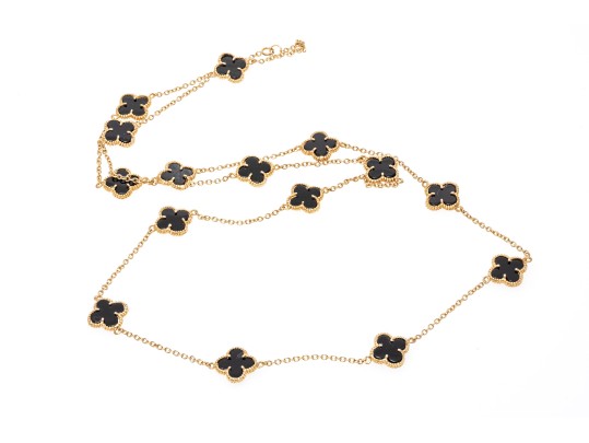 Sterling Silver Vermeil And Black Onyx Quadrefoil Form Opera Length Station Necklace