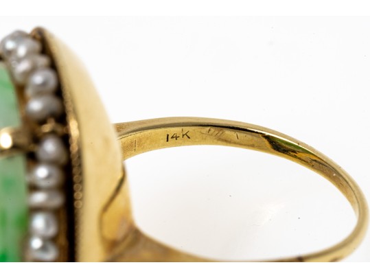 14k Gold Beautiful Vintage Pierced Green Jadeite Jade And Seed Pearl Ring, Size 6