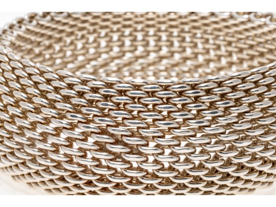 Tiffany & Co. Sterling Silver Striking Wide Bombe Mesh Slip On Bangle Bracelet, With Felt