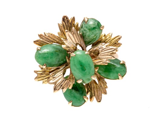 18k Yellow Gold Handsome Nephrite Jade And Foliate Cluster Ring, Size 6